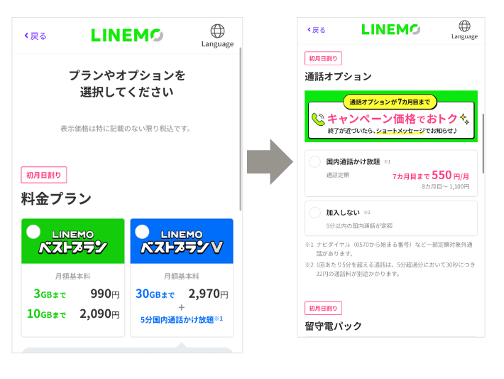 プランとオプションを選択する