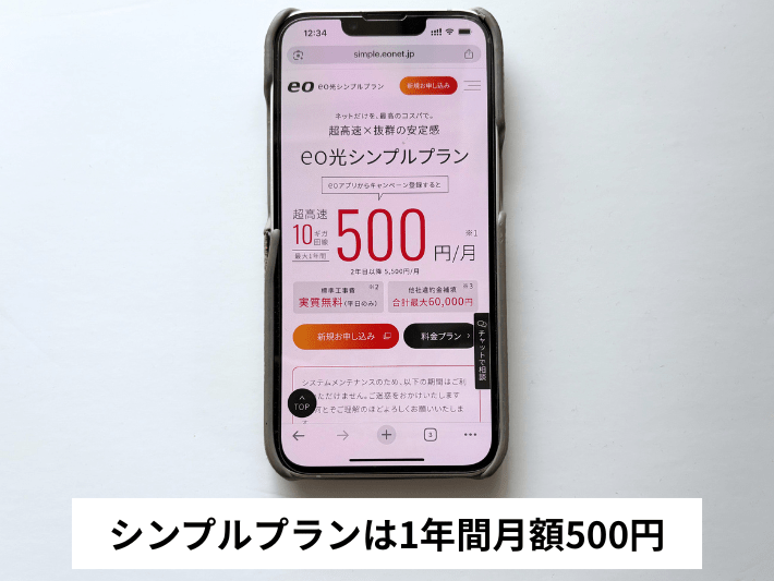 シンプルプランは1年間だけ月額500円で契約できる