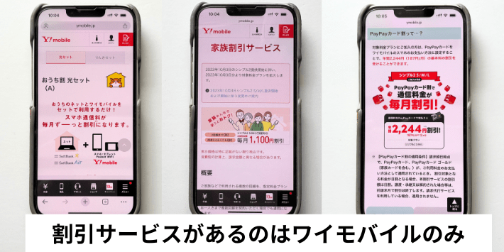 割引サービスがあるのはワイモバイルのみ