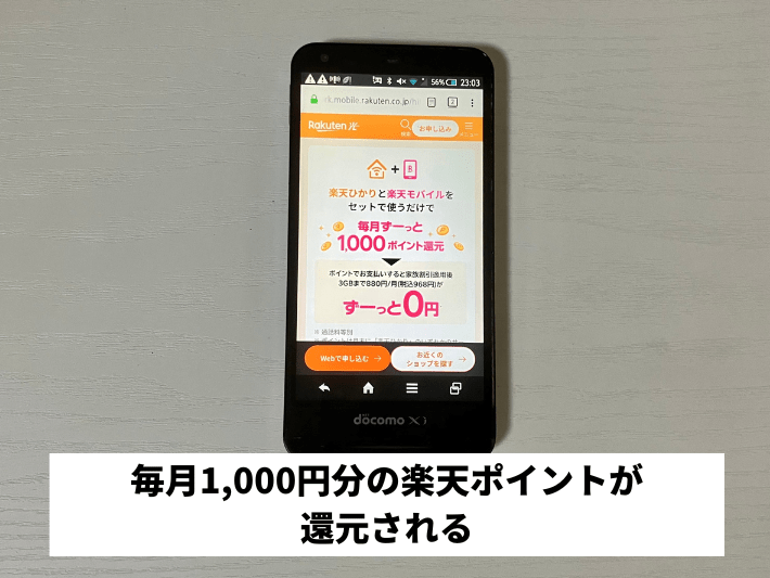 毎月1,000円分の楽天ポイントが還元される