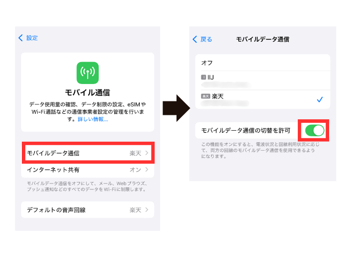 「モバイルデータ通信の切替を許可」をタップする